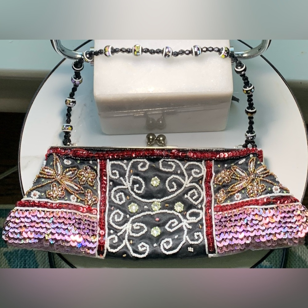 Beaded Sequin Evening Bag Black Satin Clutch with Beaded Handle